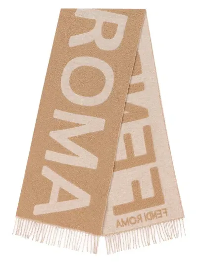 Fendi Logo Fringed Scarf In Beige