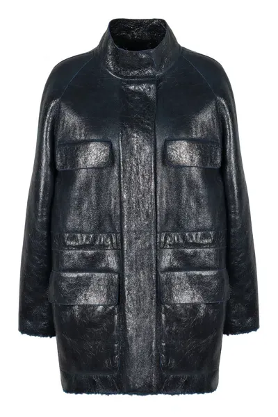 Fendi Luxury Lamb Leather Jacket With Raglan Sleeves In Blue