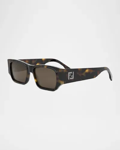 Fendi Men's Ff Squared Rectangle Sunglasses In Dark Havana Brown