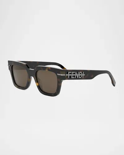 Fendi Men's Tonal Logo Acetate Square Sunglasses In Dark Havana Brown