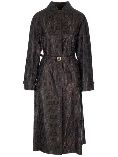 Fendi Monogram Jacquard Trench Coat In Brown