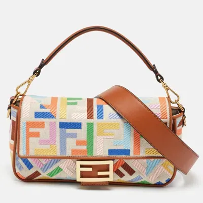 Pre-owned Fendi Multicolor Canvas And Leather Ff Embroidered Baguette Crossbody Bag