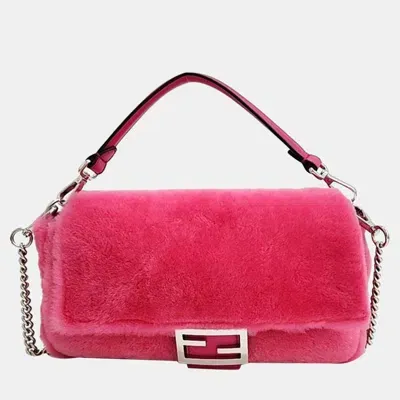 Pre-owned Fendi Pink Fur And Leather Trim Baguette Bag