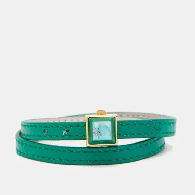 Pre-owned Fendi Pyramid Resin Green Leather Gold Tone Wrap Bracelet