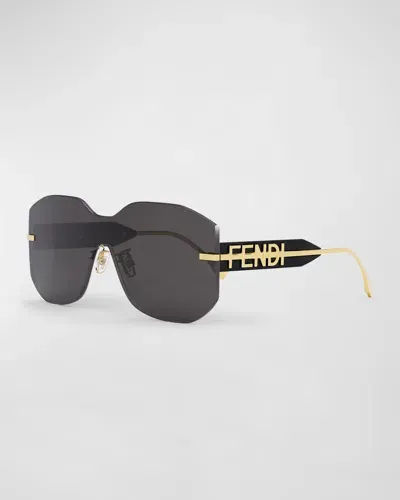 Fendi Rectangular Metal Shield Sunglasses In Shiny Endura Gold  Smoke