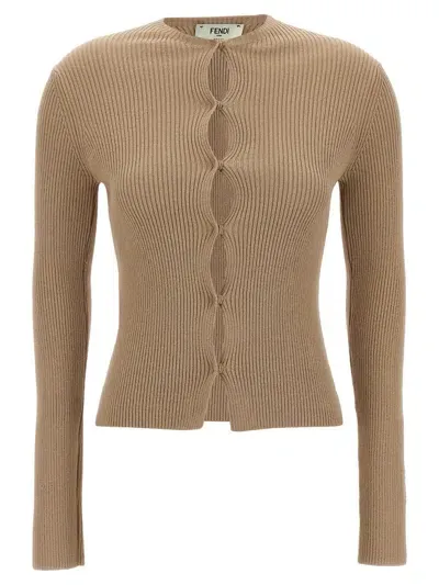 Fendi Ribbed Cardigan In Cream