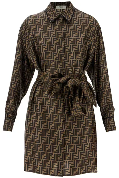 Fendi Silk Shirt Dress With All-over Logo In Brown