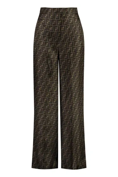 Fendi Ff Silk Trousers In Tobacco