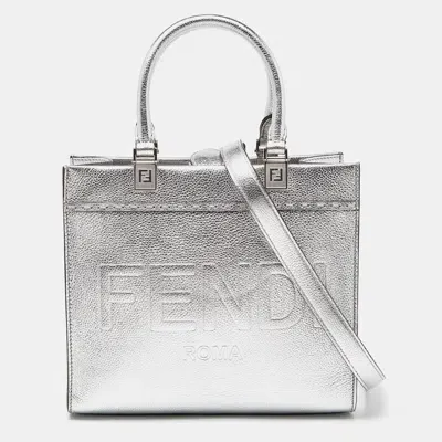 Pre-owned Fendi Silver Laminated Leather Small Sunshine Tote