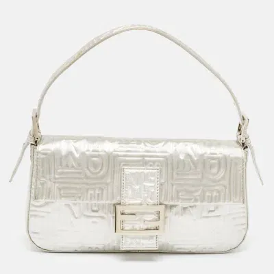 Pre-owned Fendi Silver Zucca Shimmer Fabric Baguette Flap Bag