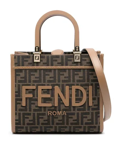 Fendi Sunshine Ff Jacquard Small Top Handle Bag In Brown