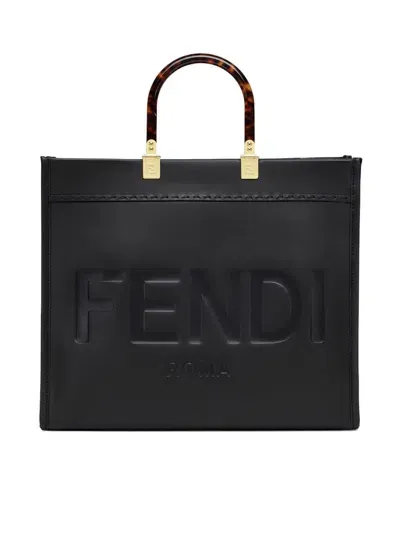 Fendi White Rice Calf Leather Medium Sunshine Tote For Women In Black