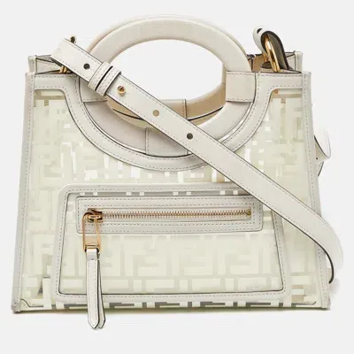 Pre-owned Fendi Transparent/off White Zucca Pvc And Leather Small Runaway Shopper Tote