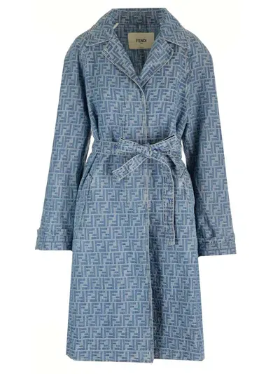 Fendi Jacquard Weave Cotton Trench Coat In Blue