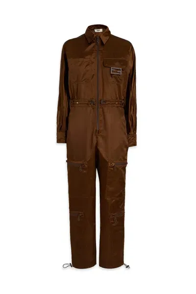 Fendi Ff Plaque Drawstring Waist Jumpsuit In Brown