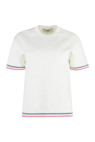 Fendi White Jacquard Knit T-shirt With Contrasting Edges And All Over  Logo For Women