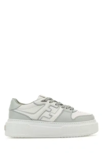 Fendi Chic Color Block Leather Sneakers With Platform Sole In Grey,white