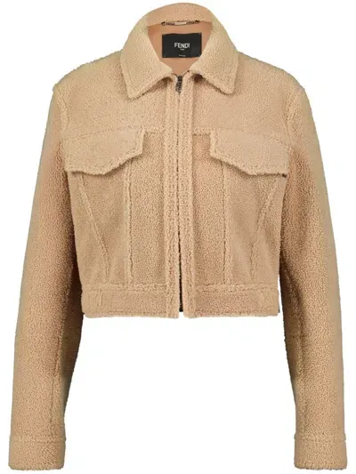 Fendi Zip-up Shearling Jacket In Neutrals