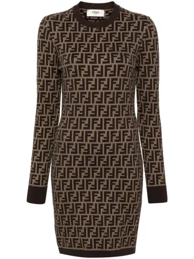 Fendi Zucca Long Sleeved Minidress In Brown