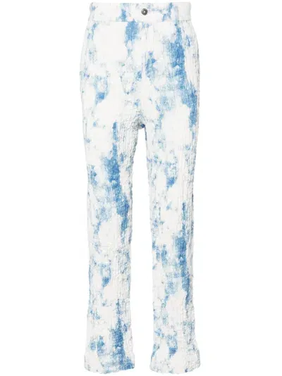 Feng Chen Wang White Mottled Wrinkled Straight-leg Trousers In Blue