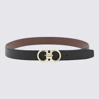 Ferragamo Black And Cocoa Brown Leather Gancini Belt In Nero/cocoa Brown