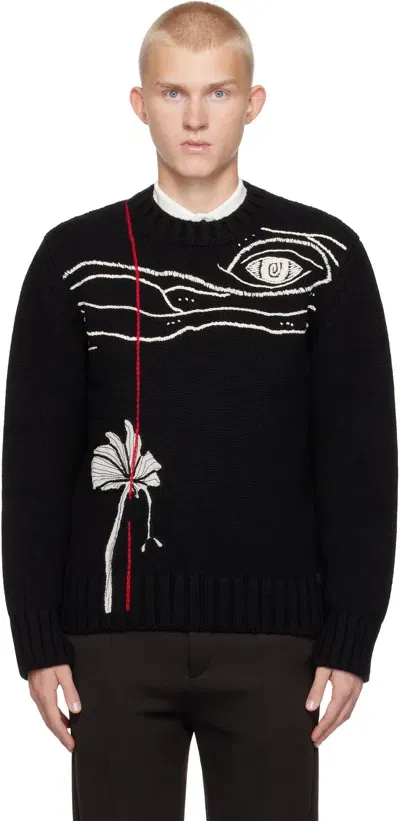 Ferragamo Black Embroidered Crewneck Sweater In Nero Mascarpone