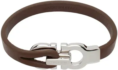 Ferragamo Brown Gancini Bracelet In Barkbr/pall Lucido