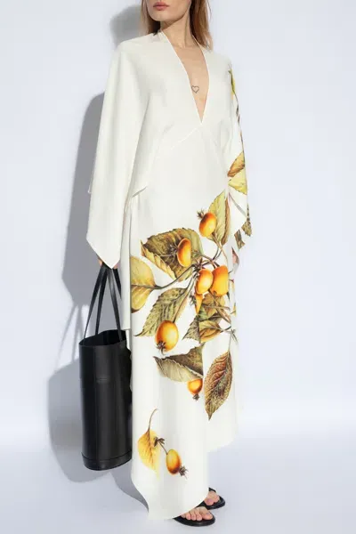 Ferragamo Plunging Orange-print Backless Midi Wrap Dress In White