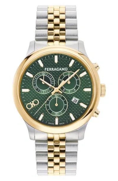 Ferragamo Men's Duo Chrono Two-tone Bracelet Watch, 42mm In Green/two-tone