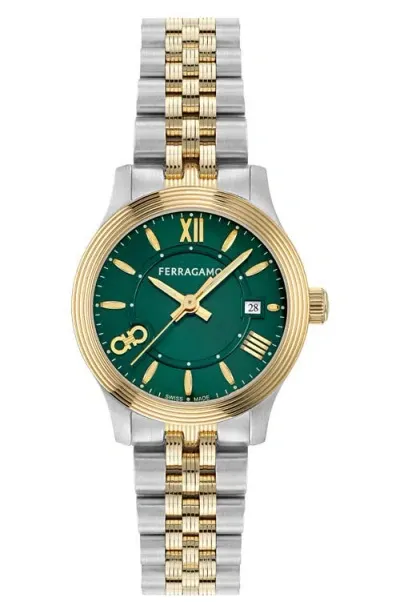 Ferragamo Duo Watch, 28mm In Green/two-tone