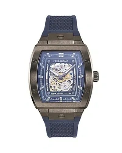 Ferragamo Men's F-80 Tonneau Skeleton Rubber-strap Watch, 42mm In Blue