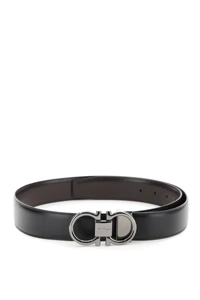 Ferragamo Gancini Double Buckle Leather Reversible Belt In Brown