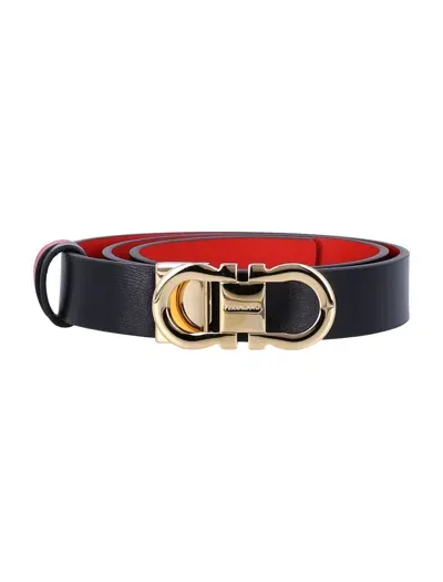 Ferragamo Gancini Reversible Belt In Nero + Flame Red