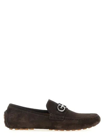 Ferragamo Grazioso Logo-embellished Suede Driving Shoes In Brown