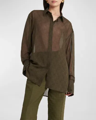 Ferragamo Logo Chiffon Button-down Blouse In Olive