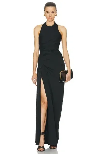 Ferragamo Fringed Gathered Stretch-cotton Poplin Halterneck Maxi Dress In Nero