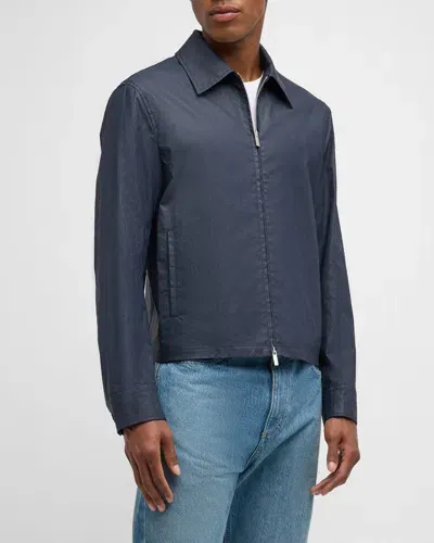 Ferragamo Men's Coated Linen Zip Jacket In New Navy