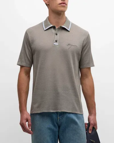 Ferragamo Men's Tipped Mesh Polo Shirt In Ash Grey