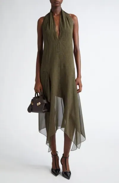 Ferragamo Monogram Print Handkerchief Hem Halter Dress In Olive