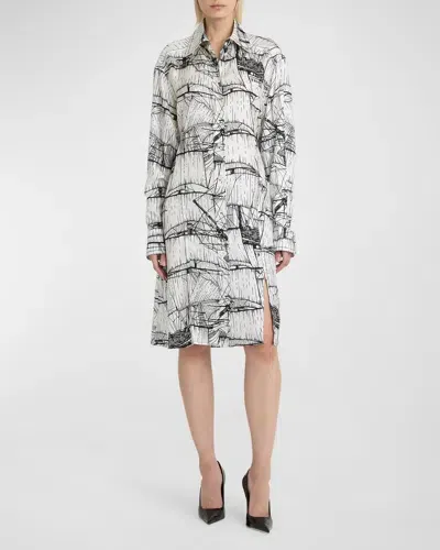 Ferragamo Nautical Printed Silk Shirtdress In White Nero