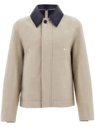 Ferragamo Single-breasted Linen Jacket In Sand Nero