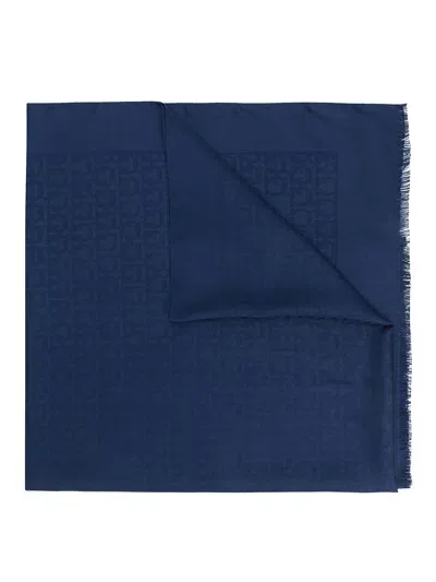 Ferragamo Oxford Silk-wool Gancini Print Scarf In Blue