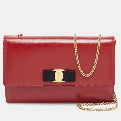 Pre-owned Ferragamo Red/black Leather Miss Vara Chain Shoulder Bag