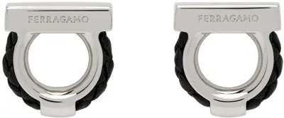 Ferragamo Silver Gancini Cuff Links In Pelle Black+palladio