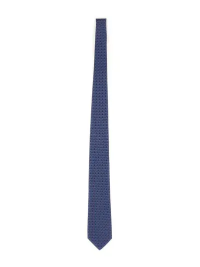 Ferragamo Tie With Logo Print In Blue