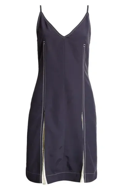 Ferragamo V-neck Contrast Godet Dress In New Navy