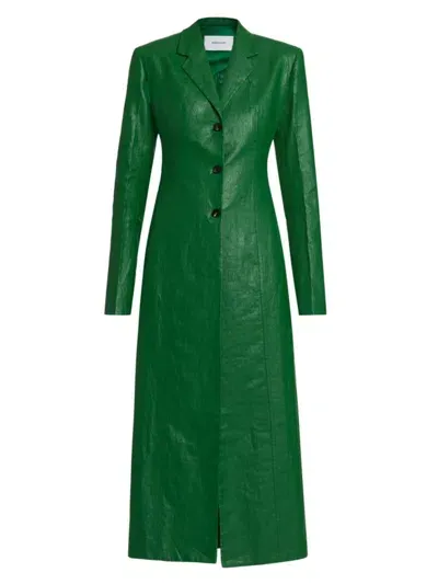 Ferragamo Coated Linen Single-breasted Long Coat In Green