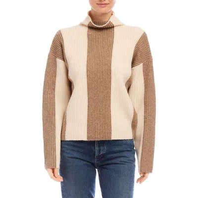 Fifteen Twenty Amerie Stripe Funnel Neck Rib Sweater In Sand And Wheat