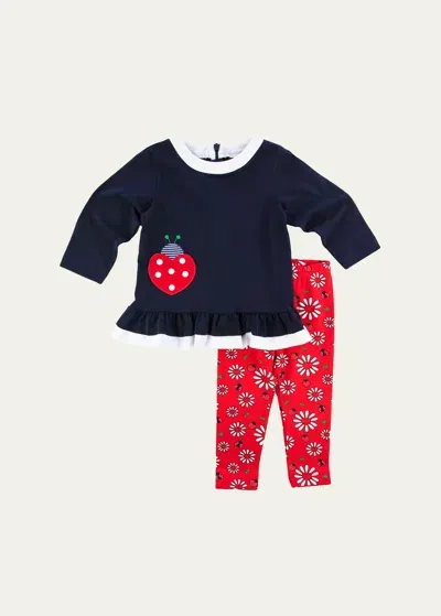 Florence Eiseman Kids' Girl's Ladybug Tunic & Floral Leggings Set In Navy/red