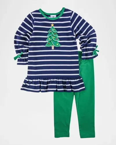 Florence Eiseman Kids' Girl's Striped Christmas Tree Top & Leggings Set In Navy/wht